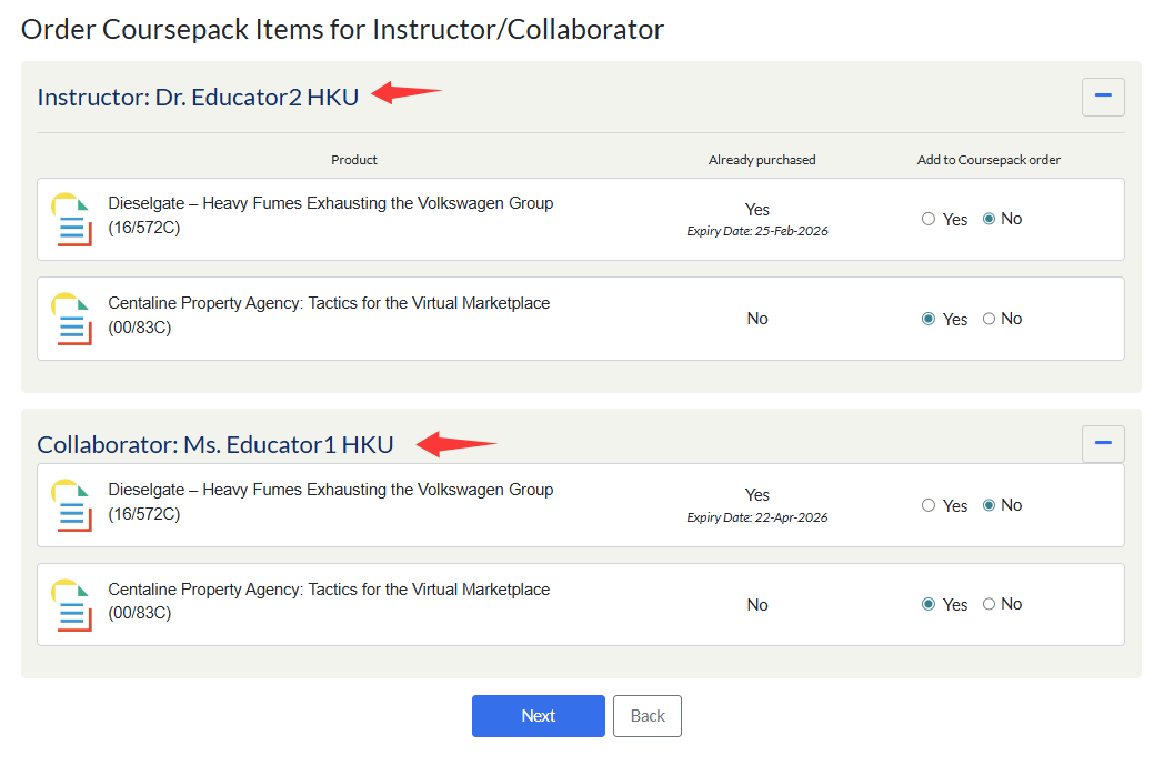 order coursepack items for instructor and collaborator